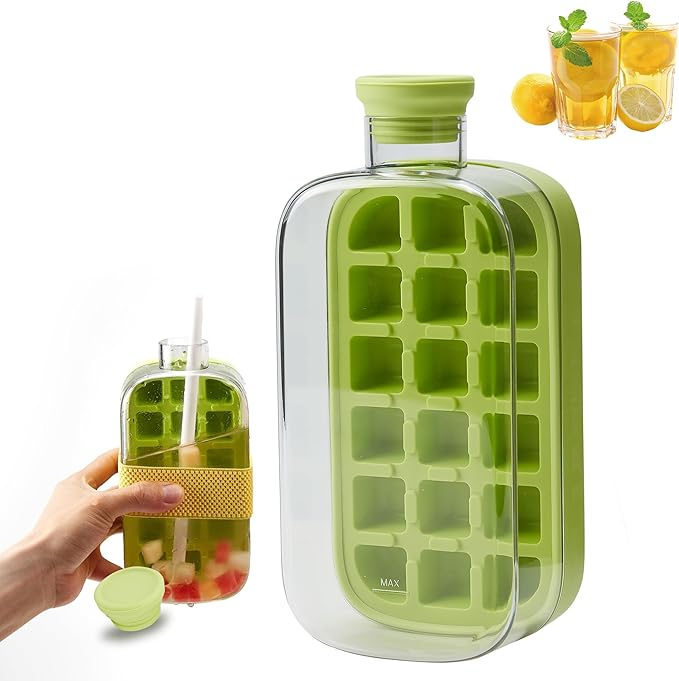 2025 Ice Cube Bottle with Straw – 2-in-1 Water Bottle & Touch-Free Ice Cube Tray
