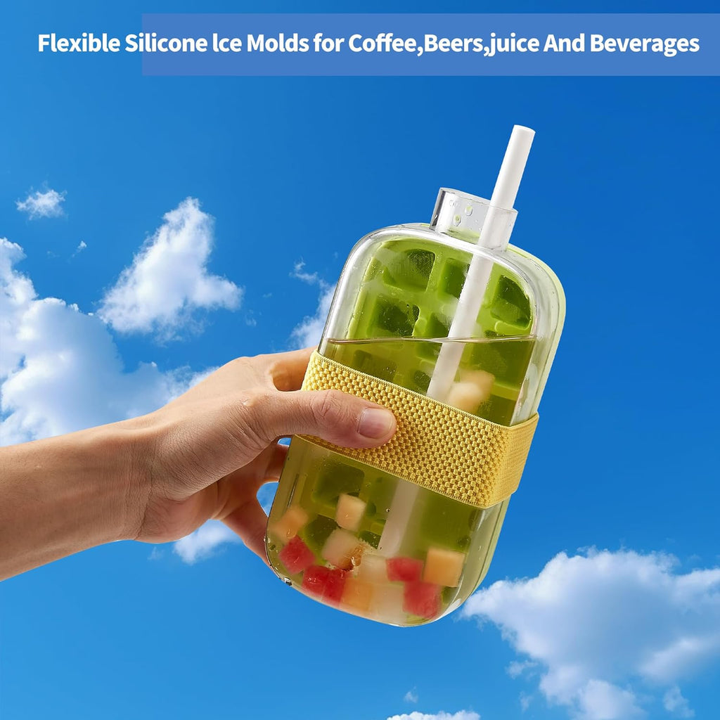 2025 Ice Cube Bottle with Straw – 2-in-1 Water Bottle & Touch-Free Ice Cube Tray
