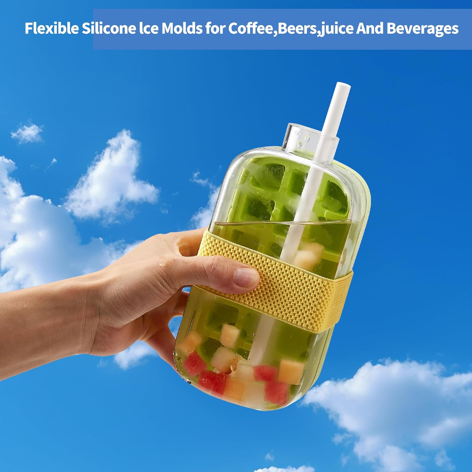 2025 Ice Cube Bottle with Straw – 2-in-1 Water Bottle & Touch-Free Ice Cube Tray